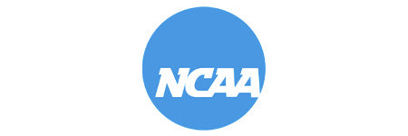 NCAA logo in white letters on a blue circle background.