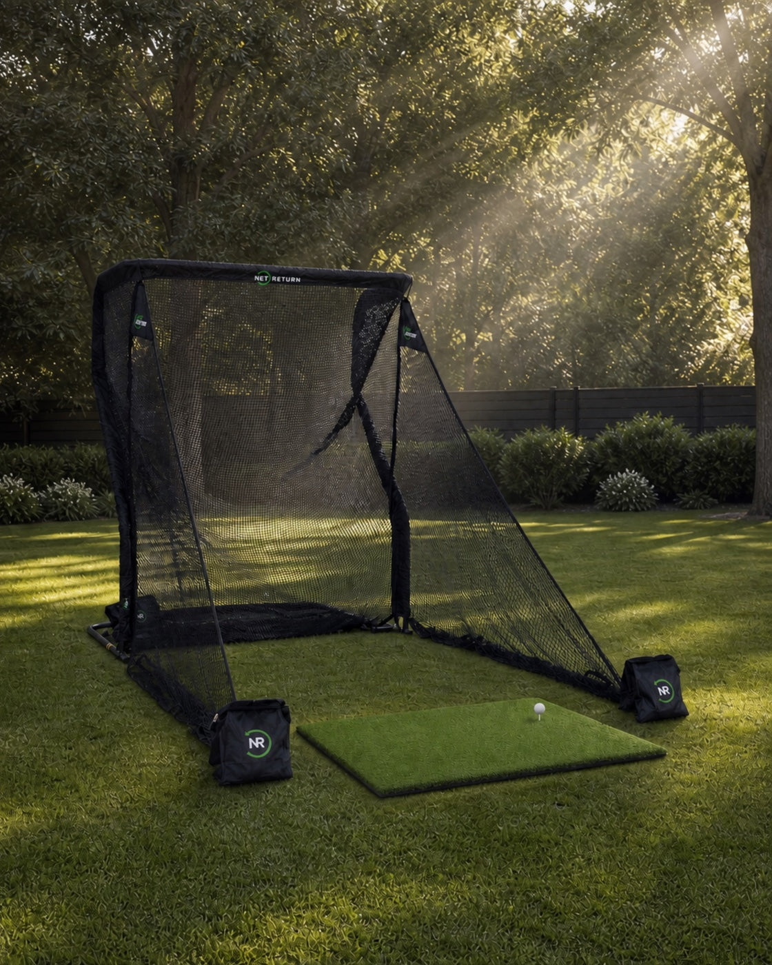 A Net Return net and hitting mat set up on a backyard lawn in morning light