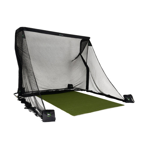 The Net Return Pro Series 10 golf net with turf and side barriers, angled view