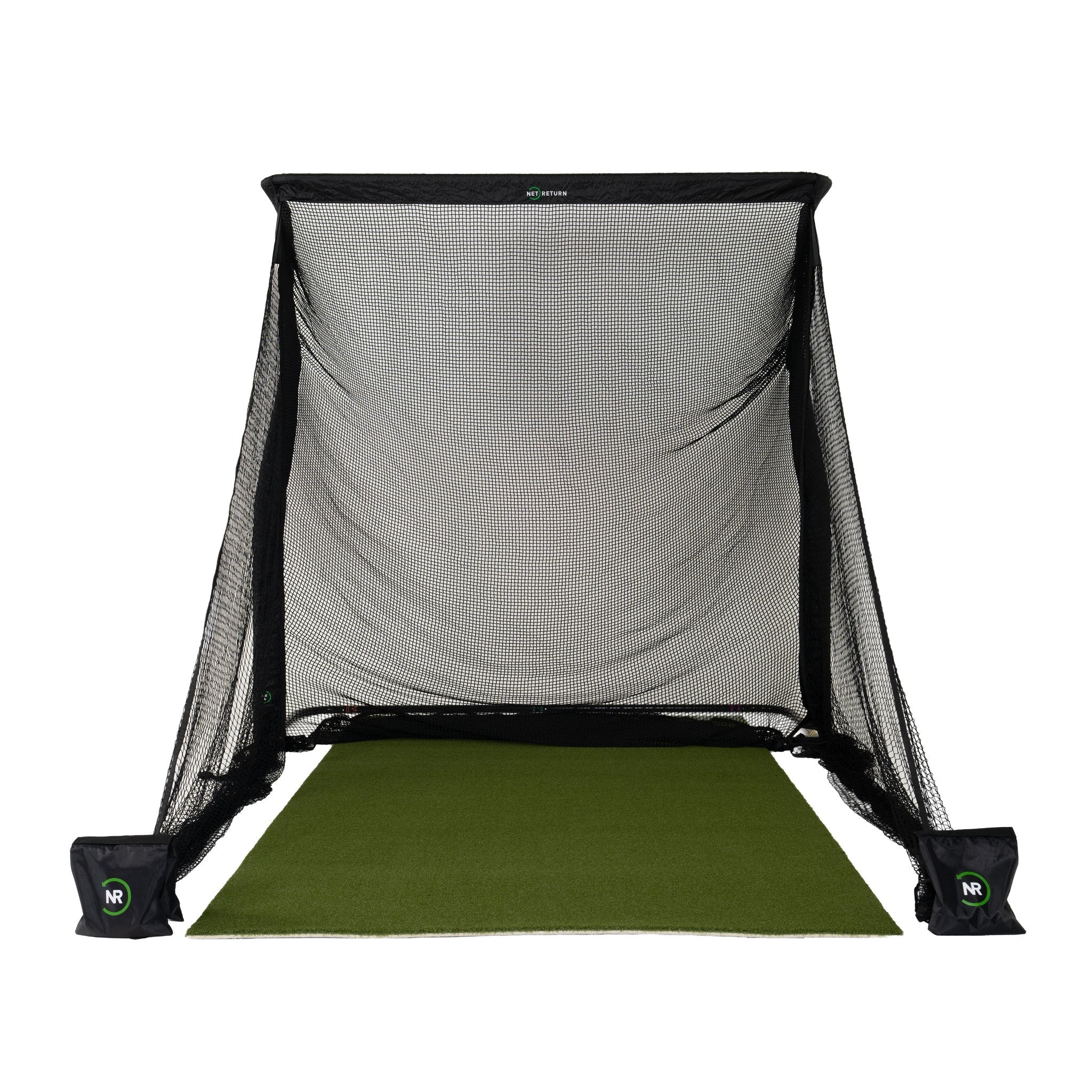 The Net Return Pro Series 8 golf net with turf and side barriers, front view