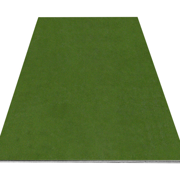 A piece of green artificial grass carpet with an underside, likely for indoor or outdoor decoration or sports use.