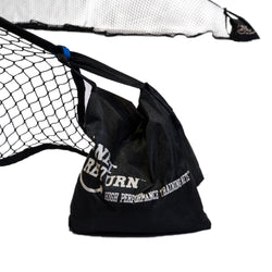 Black sports net with white text reading â€œNET RETURN HIGH PERFORMANCE TRAINING NETSâ€ on the side.