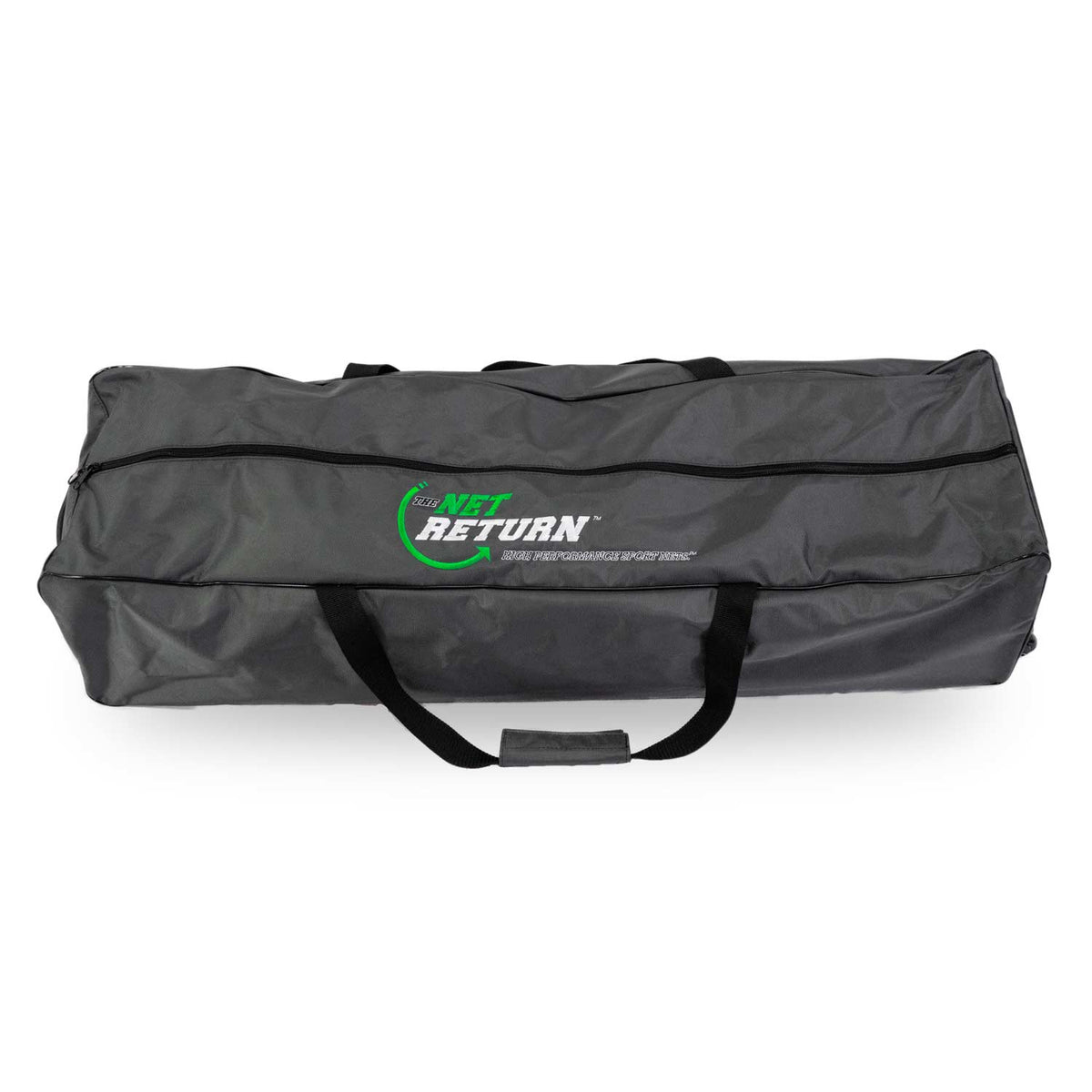 A rectangular, black carrying bag with a zipper, featuring the text "The Net Return.