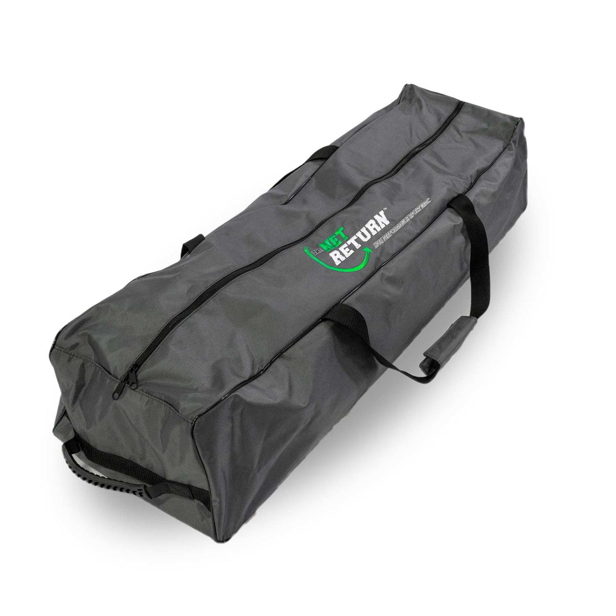 A black duffel bag with a zip and handles, featuring green and white text on its side.