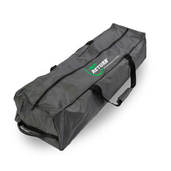 A black duffel bag with a zip and handles, featuring green and white text on its side.