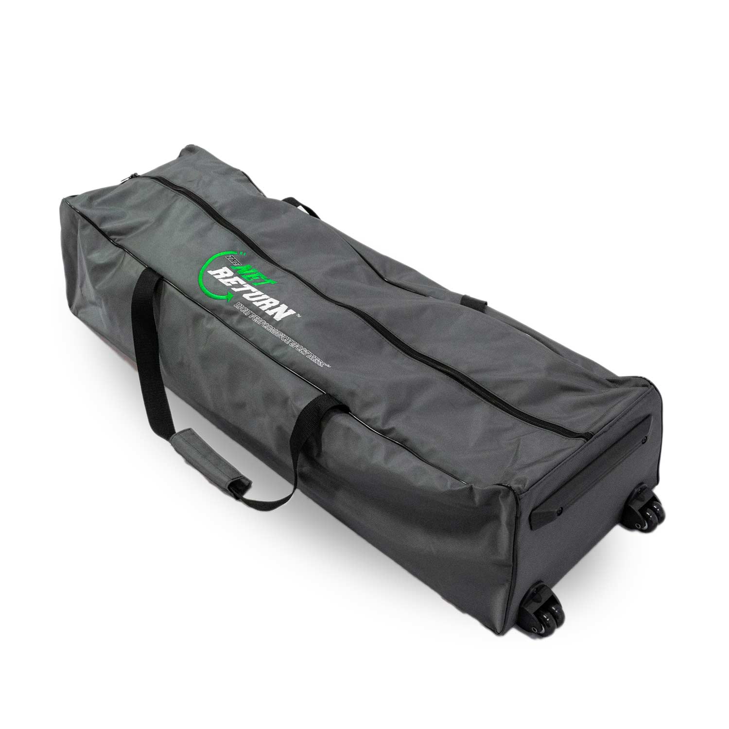 A black wheeled carrying case with handles and a zipper, featuring "Sports Return" branding on the top.