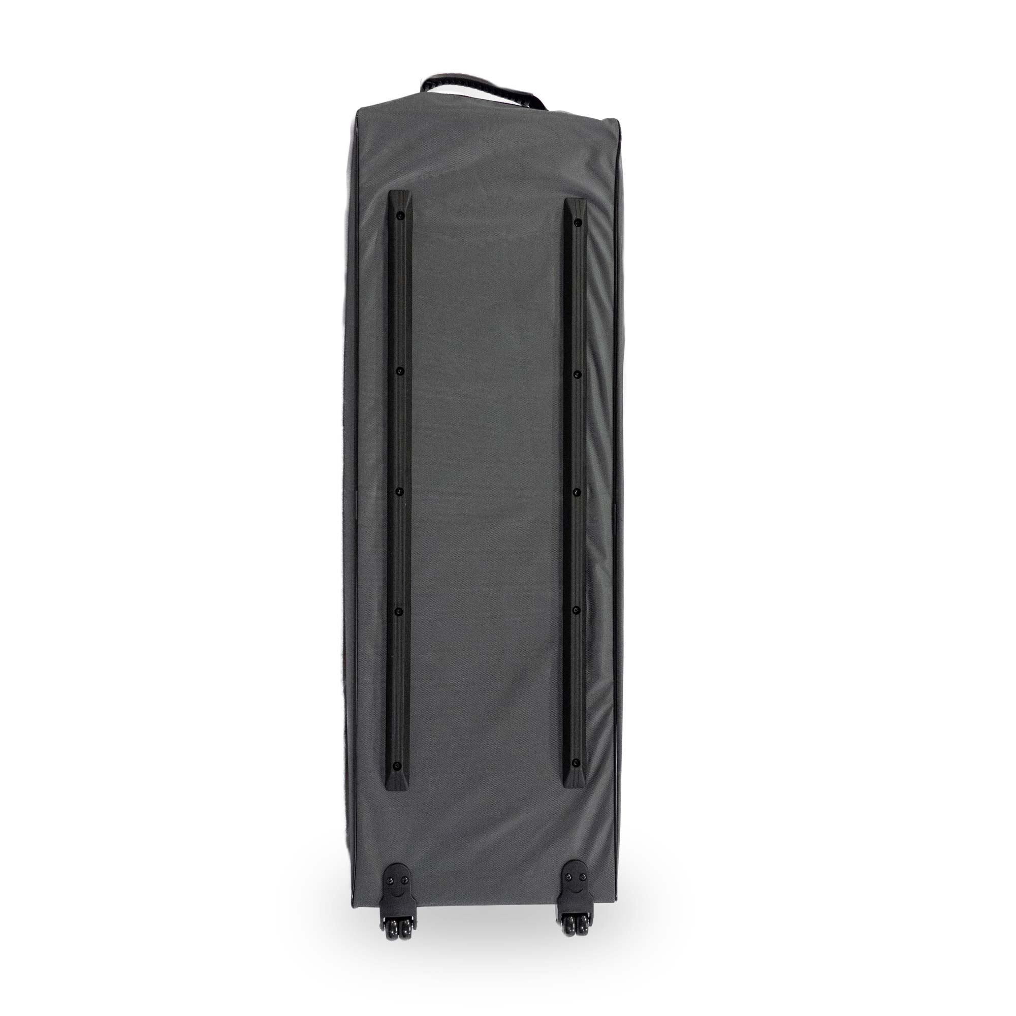 A black wheeled suitcase shown standing upright on its side with four small wheels visible at the bottom.