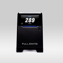 Black Full Swing golf launch monitor displaying "Total 289 Yards" on a gray background.