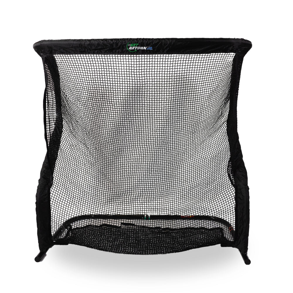 A black, rectangular sports net with an open front and mesh sides, freestanding on a white background.