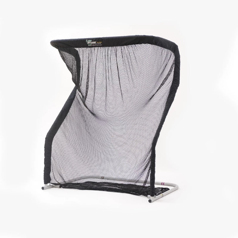 Black sports net with a curved design and white base, set against a plain background.