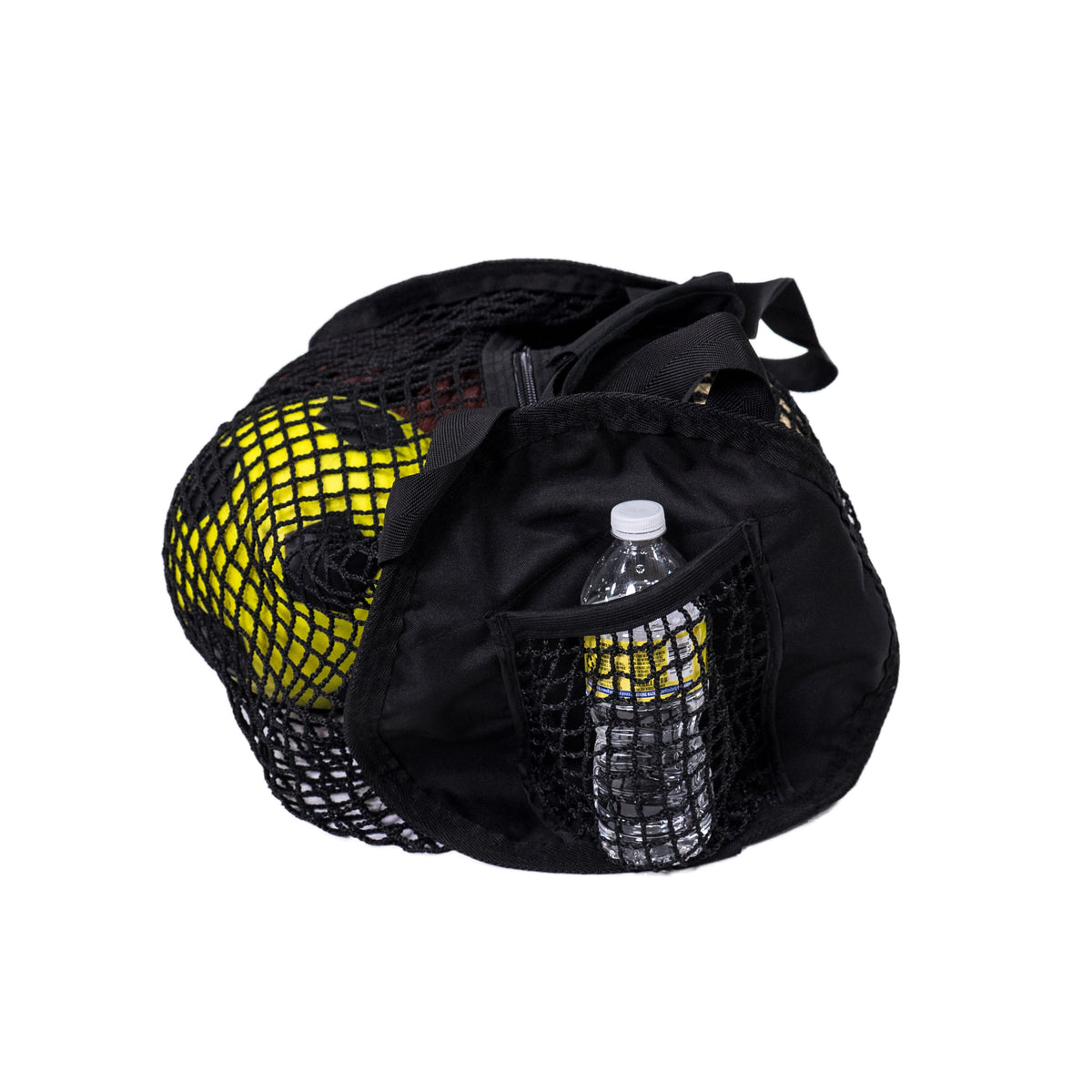 A black mesh sports bag containing yellow balls and a water bottle in an outer pocket.