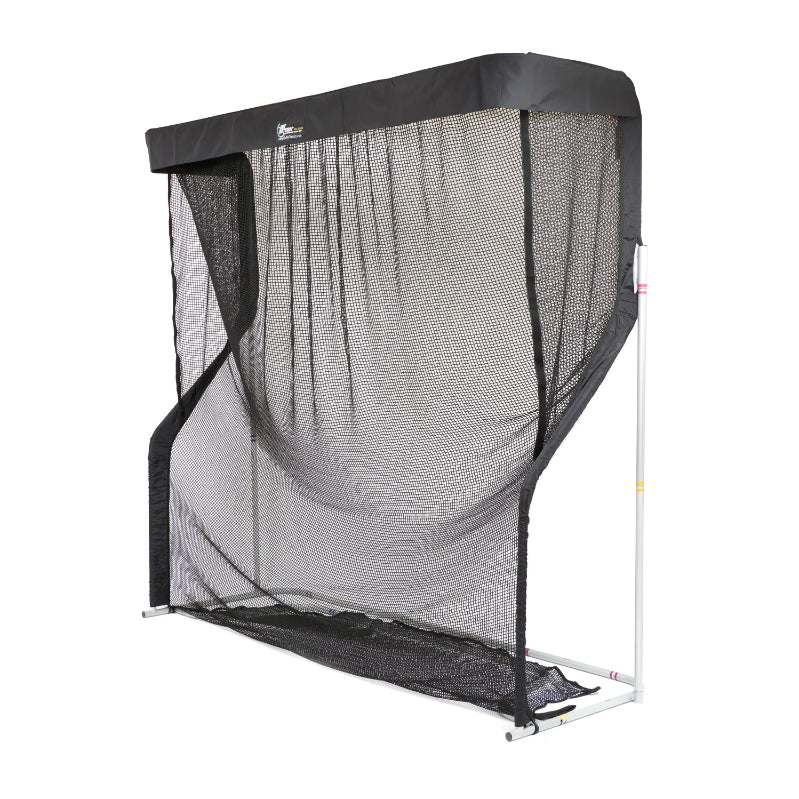 A freestanding black and white netted golf practice caddie with a metal frame and overhead canopy.