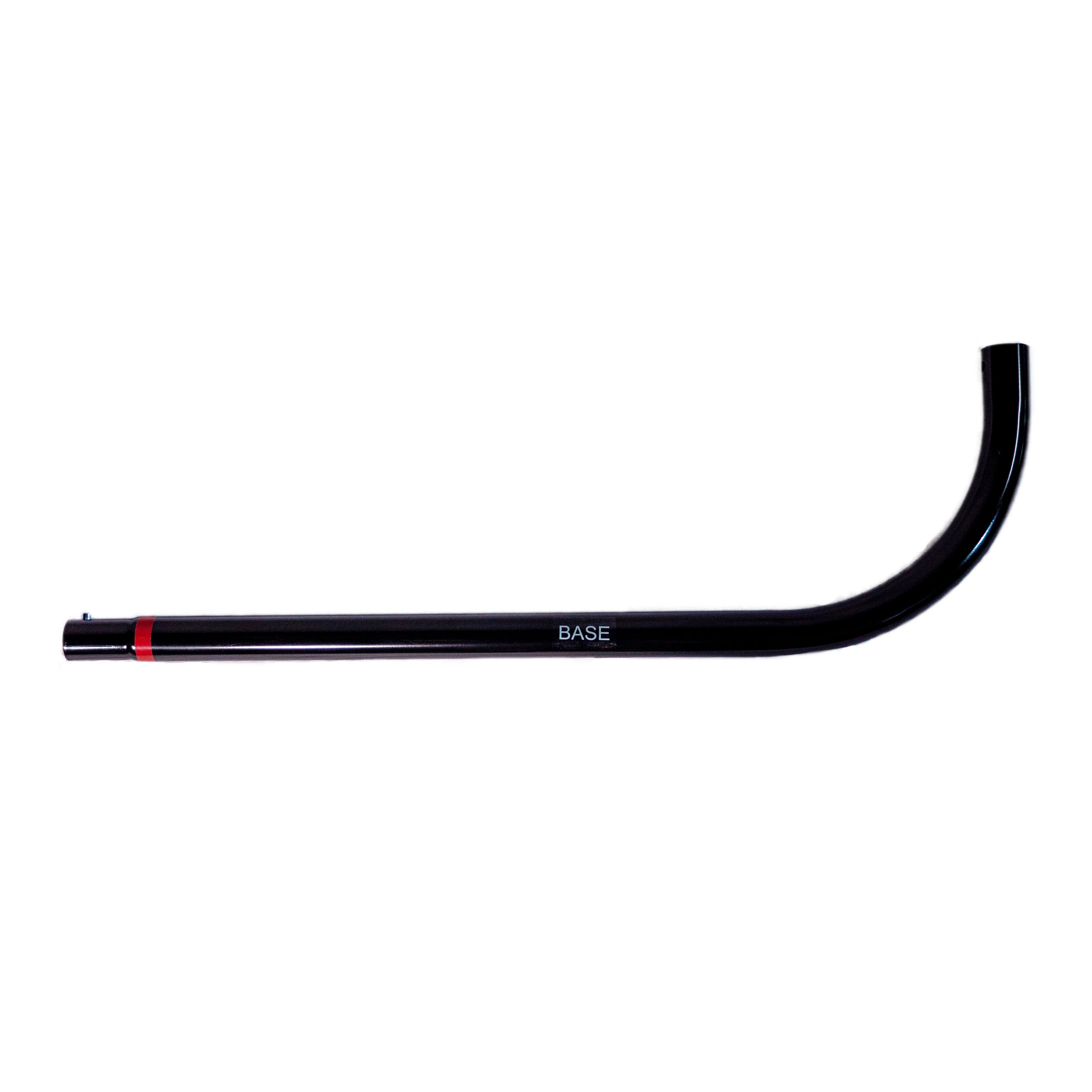 The Net Return's Home Series Base Frame Tube (Left) is a sleek black metallic bar with a curved end and a striking red band on the opposite side, featuring the word "BASE." Ideal for Home Series use or as essential replacement parts.
