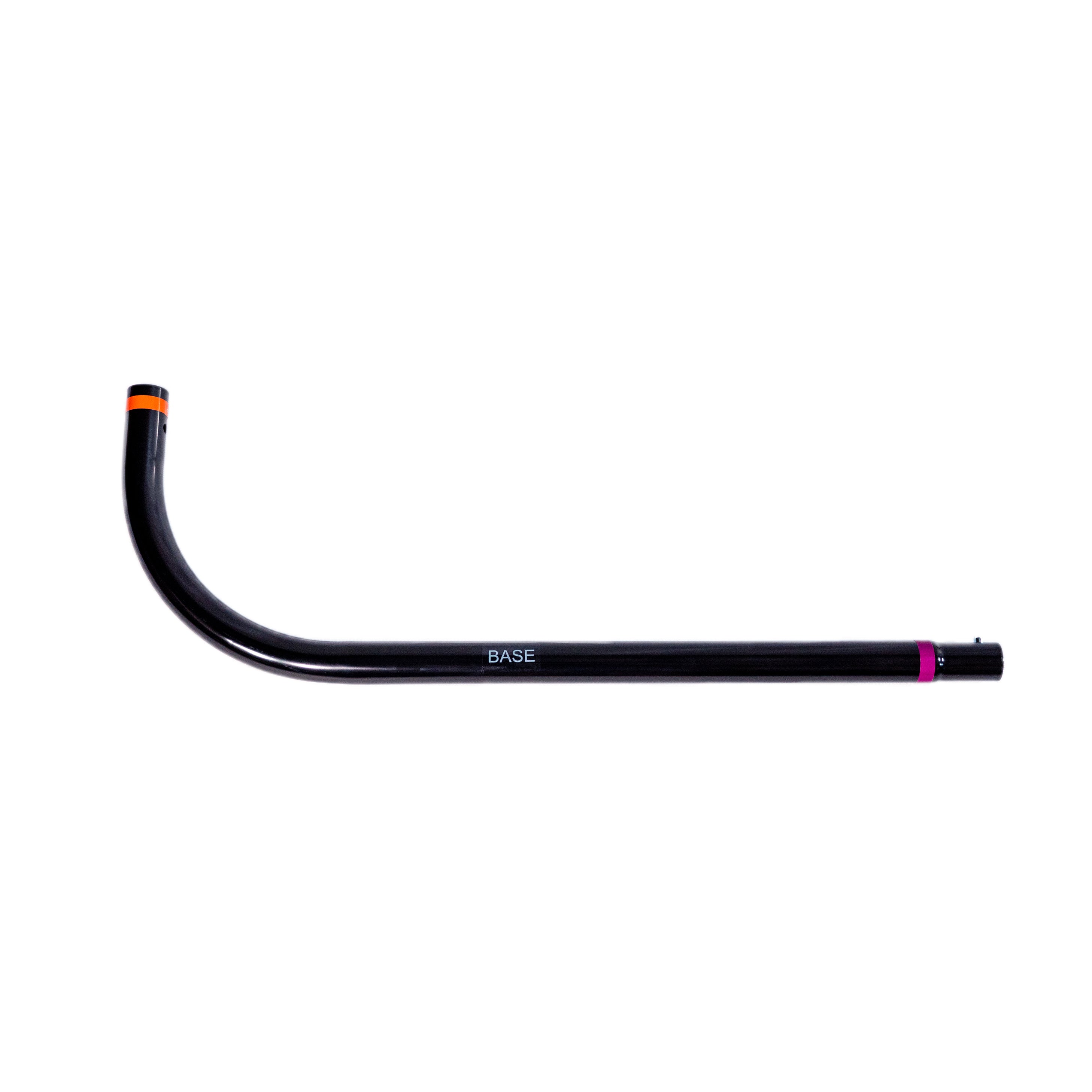 The Net Return's Home Series Base Frame Tube (Right) is a black curved metal bar with a small orange cap on one end, a purple band near the other, and labeled "BASE.