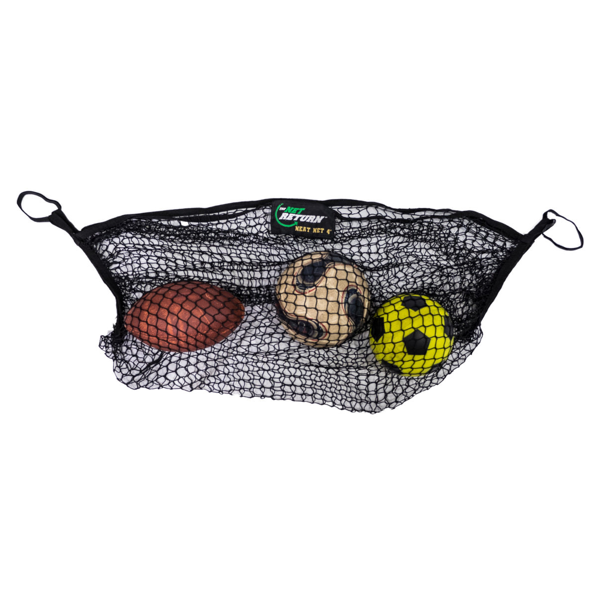 A net bag containing an American football, a classic soccer ball, and a yellow and black soccer ball.