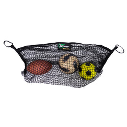 A net bag containing an American football, a classic soccer ball, and a yellow and black soccer ball.