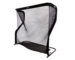 Black mesh golf practice net with a sturdy frame, designed for indoor or outdoor use.